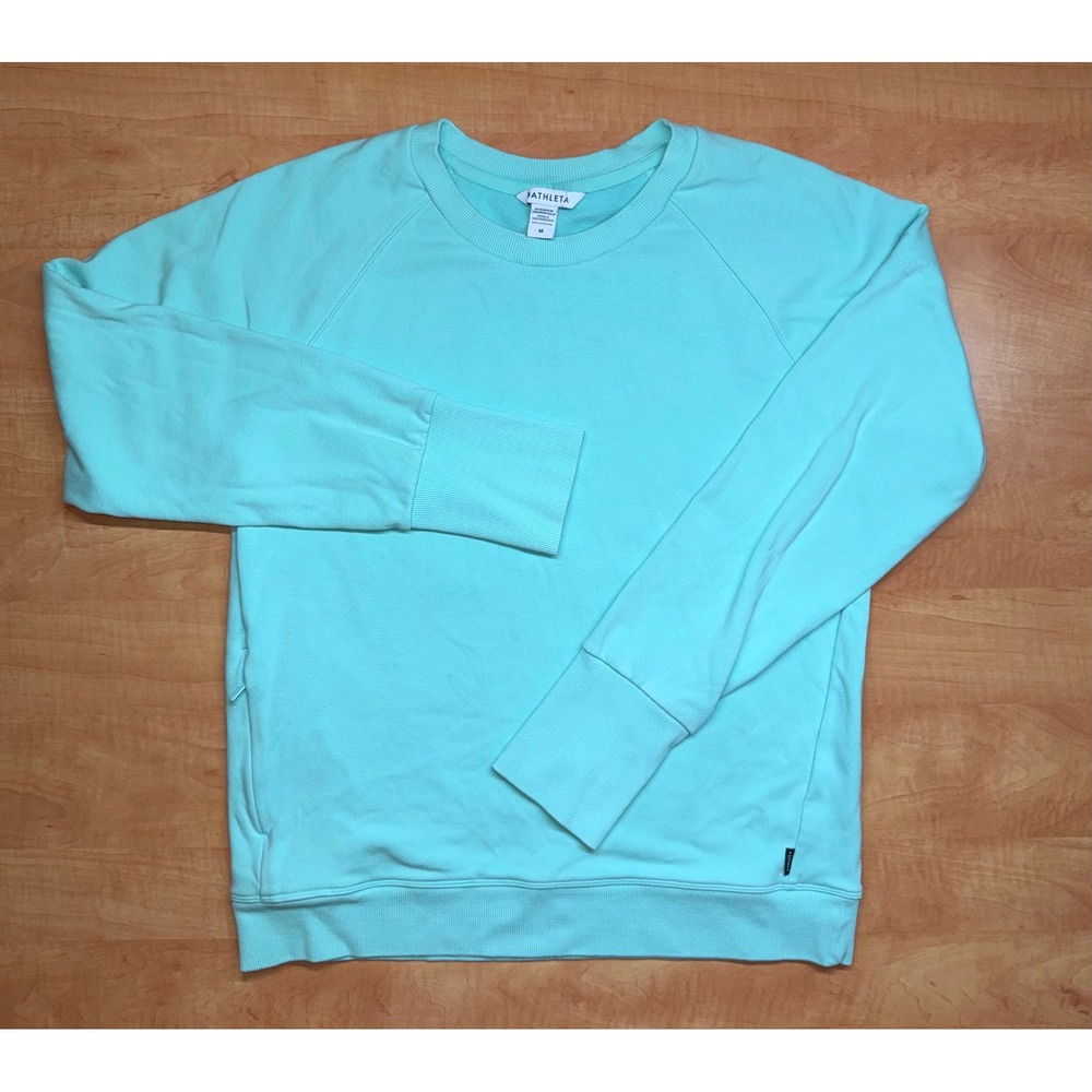 Athleta Triumph Crewneck Sweatshirt Mint Green Aqua Thumbholes Pockets Size M